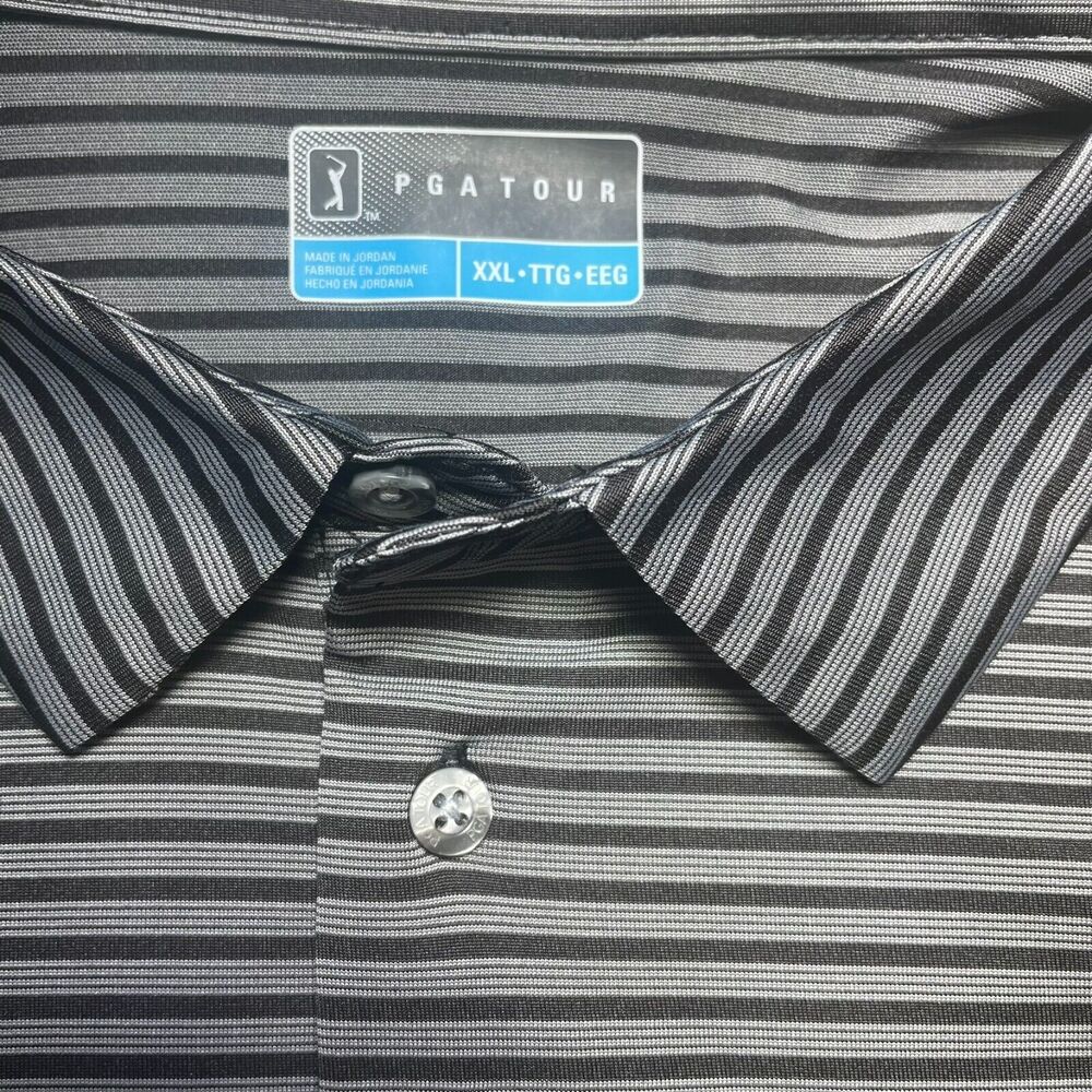NWT PGA TOUR Mens Golf Shirt Black Stripe Polo Driflux Sunflux Motionflux 2XL - Picture 3 of 12